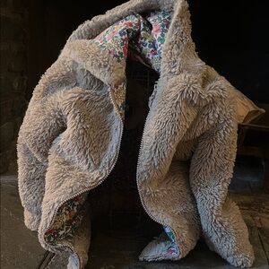 Mini Boden Beige sherpa Jacket with Colorful Floral Lining